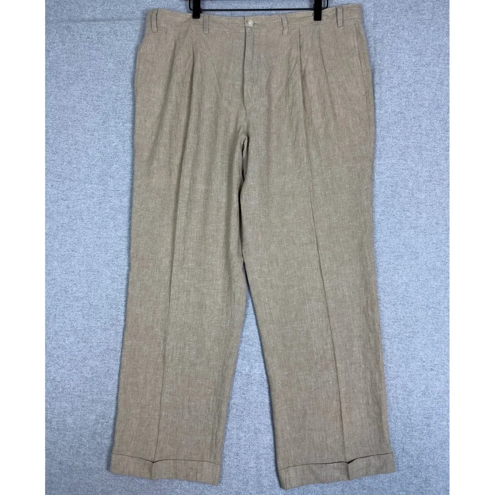 Alan Flusser Pleated Linen Trousers 40x30 Tan Linen Blend Cuffed Pants